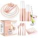 SIRSIMON 250 Piece Disposable Rose Gold Plastic Dinnerware Set - 50 Rose Gold Plastic Plates - 25 Rose Gold Plastic Silverware - 25 RoseGold Cups and Straws - 50 Fancy Napkins, Wedding or Party of 25