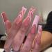 JUSTOTRY 24 Pcs Flame False Nails Long Pink French Press on Nails Patterns Nude Ballerina Stick on Nails for Women Acrylic Coffin Fake Nails Medium with Glue for Nail Art pink&flame1