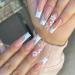 French Tip Press on Nails White Flower Fake Nails Medium Coffin Nail Tips White Tip Flowers Rhinestones Decor Elegant Acrylic Nails Spring Nude Glossy False Nails Kit Full Cover Nail 24 Pcs
