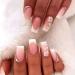 24Pcs French False Nails White Tip - Medium Square Fake Nails French Tip Press on Nails Pink Full Cover False Nails with Rhinestones & Flowers Designs for Women Girls (Flower Design)