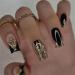 French Tip Press on Nails Medium Length False Nails with Designs  Black Acrylic Nails Full Cover Square Shaped Fake Nails Glossy Gold Glitters Black Nail Tips Artificial Stick on Nails for Women
