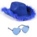 Funcredible Blue Cowgirl Hat with Glasses - Halloween Cowboy Hat with Feathers - Cow Girl Costume Accessories - Fun Bride Western Rodeo Party Hats and Goggles for Women, Girls and Kids