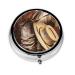 Cowboy Black Hat Western Boots Portable Metal Pill Box Round Mini 3-Compartment Plastic Insert hinged Fastening Design Suitable for Small Pills Must-Have for Travel