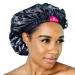 Shower Cap - Extra Large  Black  Satin lined inside  Reversible bonnet  Waterproof outer layer  Adjustable Elastic Strap  Reusable  Washable  Positive Affirmations for Women