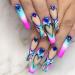 24 PCS Pink Gradient Press on Nails Long Coffin Fake Nails Heart Glue on Nails Ballet False Nails with Blue Rhinestone Designs Full Cover Acrylic Nails Extra Long Stick on Nails for Women Girls C4-11