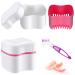 Denture Bath Case with Denture Cleaner Brush Denture Toothbrush Denture Cup Denture Box Bath Denture Container with Basket Denture Holder Denture Brush Retainer for Travel Retainer Cleaning (Red)