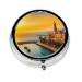 Sunset in Barcelona Portable Metal Pill Box Round Mini 3-Compartment Plastic Insert hinged Fastening Design Suitable for Small Pills Must-Have for Travel