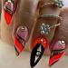 Red Black Press on Nails Almond Short Medium Glue on Nails with Glitter Gold Striped Rhinestone Design Fake Nails Acrylic for Wedding Birthday 24Pcs False Nails Stick on Nail with Glue DK68IP