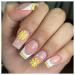 24Pcs Press on Nails Medium Square French Tip Fake Nails Yellow Flowers Star with Design Acrylic Nails Glue on Nails Glossy Artificial Full Cover False Nails for Women and Girls Manicure Decoration