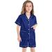 SWOMOG Kids Satin Pyjamas Set - Short Sleeve Button-Down Silk Nightwear for Boys and Girls, 2 Piece Lounge Set, 8-9 Years, Deep Navy Blue - Buy Online on GoSupps.com