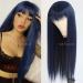 Maycaur Blue Synthetic Hair Wigs with Full Bangs Long Straight Women's Wig Heat Resistant Synthetic No Lace Wigs for Fashion Women Dark Blue