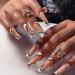 French Tip Press on Nails - Long Press On Nails with Nail Tips Golden wave stripes Design Glossy pink press on nails Acrylic False Nails Cute Artificial Nails