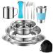 12Pcs Camping Mess Kit Camping Dishes Set Stainless Steel Tableware Mess Kit Includes Plate Bowl Cup Spoon Fork Knife in Mesh Bags for Camping Backpacking & Hiking for 1 Person Blue