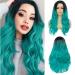 Siudus black to teal blue Long curly wigs for women middle part Wavy wave hair wig heat -resistant fiber cosplayeen wig blue green