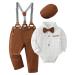 Amissz Baby Boy Gentleman Clothes Suit 0-18 Months Infant Formal Long Sleeve Tuxedo Romper Jumpsuit + Suspender Pants + Beret Hat 3pcs 12-18 Months White