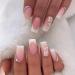 Medium Square Press on Nails French Tip Fake Nails Pink Full Cover False Nails with Flower and Rhinestones Designs Spring Glue on Nails Glossy Stick on Nails for Women and Girls 24Pcs Medium Style6