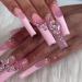 VOTACOS Press on Nails Long Coffin Fake Nails Pink False Nails with Glitter Heart Design Glossy Stick on Nails for Women D1 Glitter gem