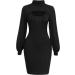 Women's Long Sleeve Dress Half High Collar Cutout Slim Fit Wrap Hip Solid Color Bodycon Short Dresses M Black - Buy Online on GoSupps.com