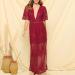 Women's Lace Maxi Dress | Floral V-Neck Short Sleeve Empire Waist Evening Party Dress - Wine (Large) - Buy Online on GoSupps.com