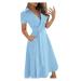 Haiorziyou swing dress ladies summer v neck dress long-arm fashion single-color pleated floral pressure leisure dress with bags party dresses a-line dress women hips long dress ladies fashion knee length dress xl sky blue