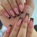 24Pcs CEWEWP Long Coffin Press on Nails Brown French Tip Fake Nails Pink Glue on Nails Love False Nails with Spot Drilling Designs Full Cover Artificial Acrylic Nails Decoration for Women A7
