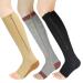 3 pairs zipper compression socks Women with open toe toeless support stockings easy on knee high socks L/XL black & brown skin & gray (3 pair)