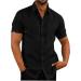 Men's Linen Short Sleeve Reversible Collar Shirt - Black Henley with Pocket | 4XL Business & Medieval Style - Buy Online on GoSupps.com