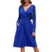 OUGES Women's Spring Casual Midi Dress Long Sleeve V-Neck Floral Ladies Wrap Dress with Pockets L Blue