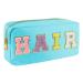 Nylon Waterproof Preppy Makeup Bag- Girls Chenille Letter Portable Travel Organizer Pouches for Toiletries and Cosmetics Storage Bag with Patches (Blue-Hair)