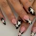 Press on Nails Star Fake Nails Medium French Tip Black Nail Design White Star Almond False Nails Acylic Nail Art Decorations Natural Nude Tip Glossy Coffin Nails for Women Girls Manicure 24Pcs