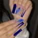 JUSTOTRY 24 Pcs Glitter False Nails Long Dark Blue French Press on Nails Patterns Ballerina Stick on Nails for Women Acrylic Coffin Diamante Fake Nails Medium with Glue for Nail Art blue&diamond 1