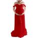 H1ING Off Shoulder Chiffon Maternity Dress for Photography | Red Maxi Pregnancy Gown with Front Split | Maternity Shoot Outfit for Photoshoot - Buy Online on GoSupps.com