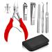 7 PCS Thick Ingrown Toenail Clipper Kit with Nail Clippers Toenail Lifter Cuticle Cutter Nail File Toenail Corrector PU Leather Case for Ingrown Thick Hard Toe Nail Fingernail Red