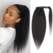 AIKAUR Wrap Around Ponytail Human Hair Kinky Straight Extensions  Real Hair with Wrap Around Magic Tape  Thick Long Hair Pony Clip in Extensions Wavy Yaki Natual Black (14 Inch  Kinky straight-Wrap Around) 14 Inch Kinky ...