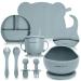 Baby Self Feeding Tableware Set - Divided Suction Plate - Suction Bowl - Sippy Cup - Adjustable Bib - Placemat - Weaning Fork + Spoon + Kids Spoon + Fork Set - Cooshi Kids 9 Piece (Blue)