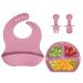 Vicloon Silicone Baby Feeding Set 4 Pcs Baby Weaning Set Baby Suction Plate Bib Spoon and Fork Divided Plate BPA Free Silicone Feeding Set Toddlers and Kids Plate Set Gift for Kids (Pink) Divided Plate - Pink