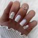 24Pcs White Press on Nails Short Square Fake Nails Silver Sequin Design Rhinestone Acrylic False Nails Glossy Full Cover Nails for Women and Girls Artificial Nails Style 10