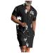 Men's Casual Hawaiian Outfits Flower Printed Button Down Shirts Shorts Summer Beach Vacation Sets Big and Tall A-black XX-Large