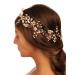 Chargances Handmade Green Rhinestone Headband Floral Gold Leaf Hair Vine Wedding Crystal Long Hair Piece Tiara Bridal Hair Accessories for Women and Girls