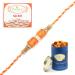 Ghasitaram Gifts Rakhi for Brother Rakhis Online - RM598 - Orange Stone Bracelet Rakhi with 100 GMS of Dryfruits Mix Can 200 GMS of Kaju katli Rakhi & 100g Dryfruits Mix Can 200g Kaju katli