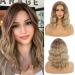 Mychanson Short Wavy Bob Wig Ombre Brown Hair Wig Middle Part Blonde Synthetic Curly Wigs for Women Daily Use (14Inch,Honey Brown Mix Light Brown) 16/18 Blonde
