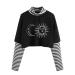 Women's Casual Tops Blouse Color Block Sun Moon Print Striped Top Long Sleeve Crop Top T Shirt Gray Short Lady (Black, M) Medium Black