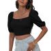 Puff Sleeve Blouse Fashion Short Sleeve Top Lace Up Back Elegant for Shopping Black Large