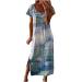 Vintage Floral Summer Casual Maxi Dress for Women Beach Vacation with Slit,Loose Short Sleeve Comfy Tshirt Long Dresses C-colorful-blue Small
