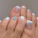 French Tip Press on Toenails Square Shape Fake Toe Nails Blue and White False Toenails with Glitter Design Full Cover Glossy Acrylic Toenails Short Artificial Toe Nail Glue on Toenails for Women Blue White