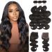 Karbalu 10A Brazilian Human Hair Body Wave 3 Bundles with Lace Closure 4x4 Free Part 100% Unprocessed Remy Human Hair Bundles with Closure Wet and Wavy Double Weft Natural Color (14 16 18+12) 14 16 18+12 bundles with closure