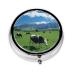 Grass and Cows Portable Metal Pill Box Round Mini 3-Compartment Plastic Insert hinged Fastening Design Suitable for Small Pills Must-Have for Travel