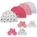 Lictin Newborn Baby Caps Mittens - Pure Cotton 4pcs Baby Caps Hats and 4 Pairs Baby Scratch Mittens Gloves for Baby Girl 0-6 Months (Pink)