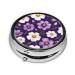 Purple White Floral Printed Pill Organizer Round Travel Pill Organizer Mini Medicine Pill Box for Purse Iron Plating One Size Purple White Floral