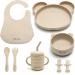 Baby Weaning Set by Little Tots | Silicone Suction Plate Suction Bowl Weaning Bib Sippy Cup + Straw Toddler Spoon + Fork Baby Spoon + Fork Baby Cutlery | 8 Piece Baby Feeding Set | Cream Cream Cotton